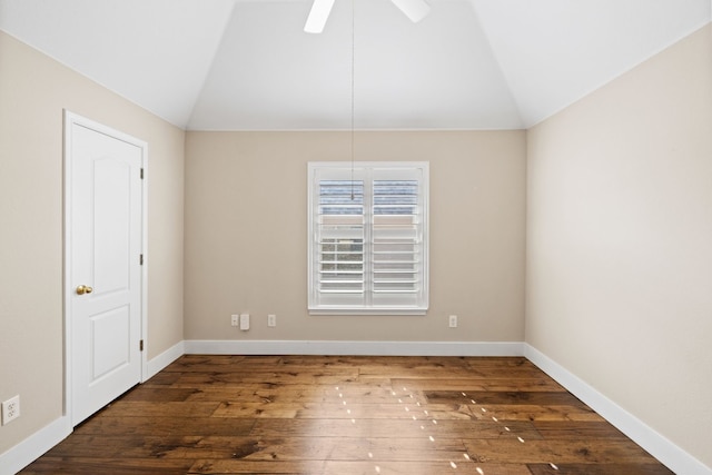8112 Cobblestone, Austin, TX 78735 - unfurnished room featuring vaulted ceiling, hardwood / wood-style flooring, baseboards, and a ceiling fan