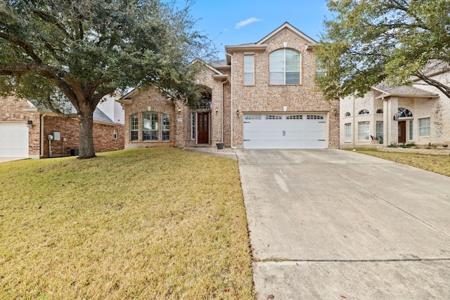 8112 Cobblestone, Austin, TX 78735 - view of front of property with driveway, a front yard, brick siding, and a garage