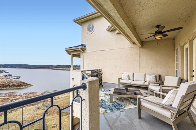 3404 American Dr Unit 3317, Lago Vista, TX 78645 - view of patio featuring a water view, a ceiling fan, an outdoor living space, a balcony, and a grill