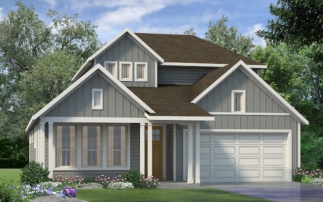 modern inspired farmhouse with a garage, driveway, a shingled roof, and board and batten siding