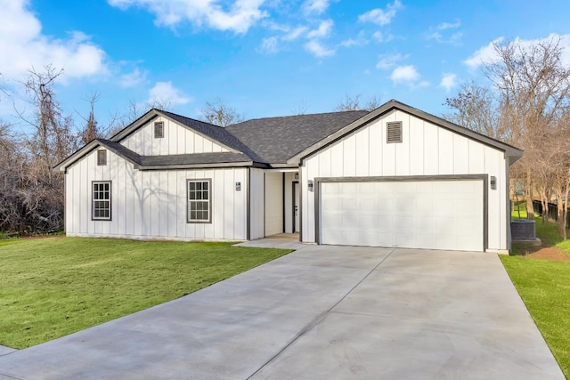 modern inspired farmhouse featuring concrete driveway, roof with shingles, an attached garage, board and batten siding, and a front yard