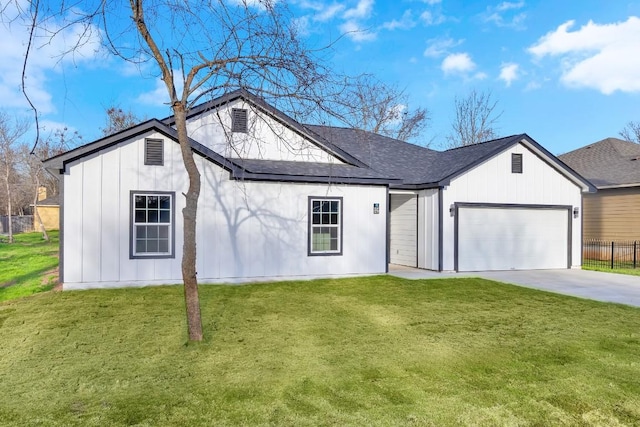 view of front of home featuring a garage, concrete driveway, a front lawn, and board and batten siding