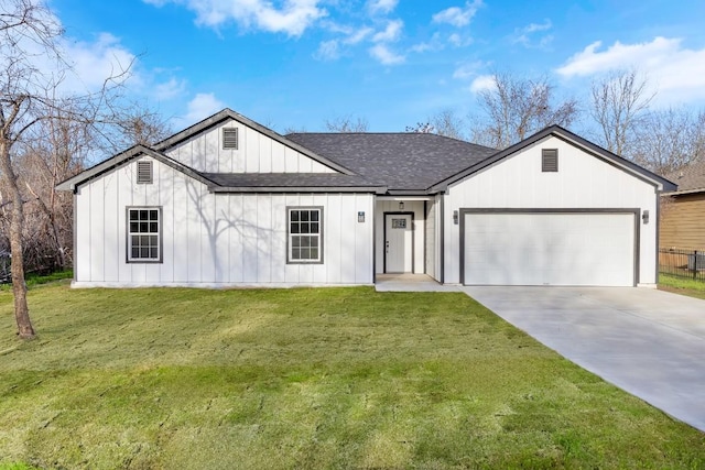 modern farmhouse style home with roof with shingles, board and batten siding, a garage, driveway, and a front lawn