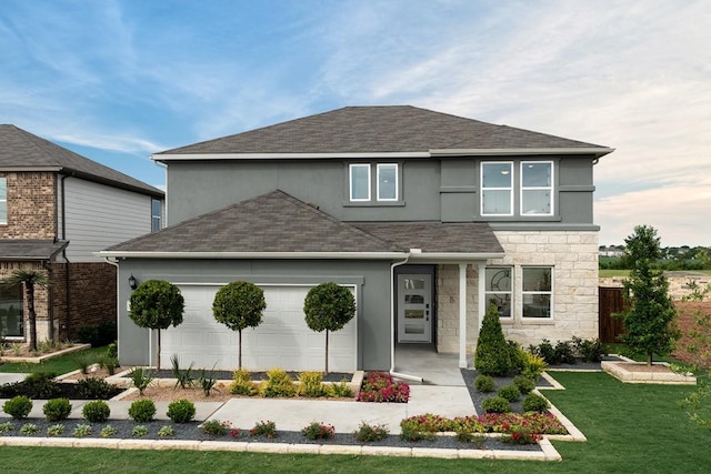 traditional-style home featuring a shingled roof and stucco siding