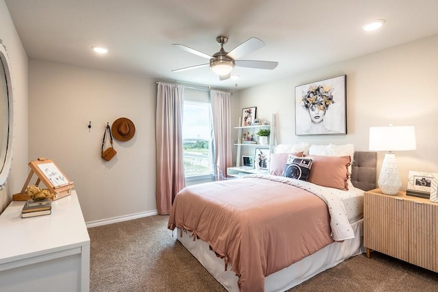 bedroom with baseboards, a ceiling fan, radiator heating unit, dark carpet, and recessed lighting