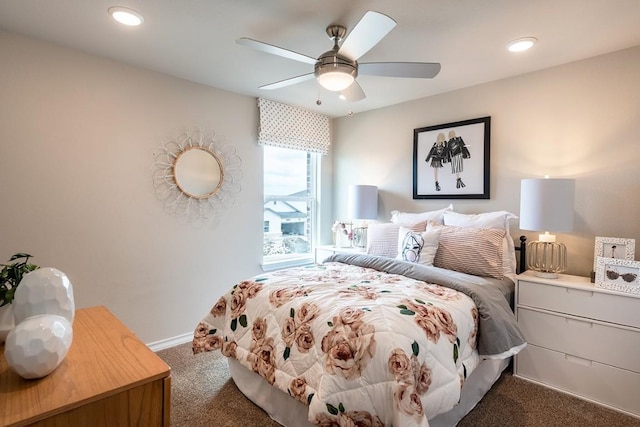 bedroom featuring ceiling fan, dark colored carpet, recessed lighting, and baseboards