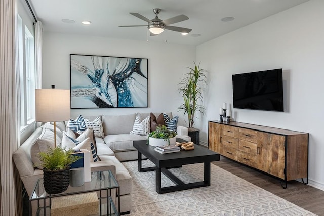 living room with dark wood-style floors, recessed lighting, and a ceiling fan