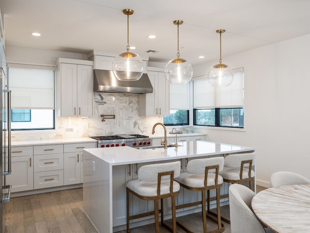 kitchen featuring range hood, light countertops, and a sink