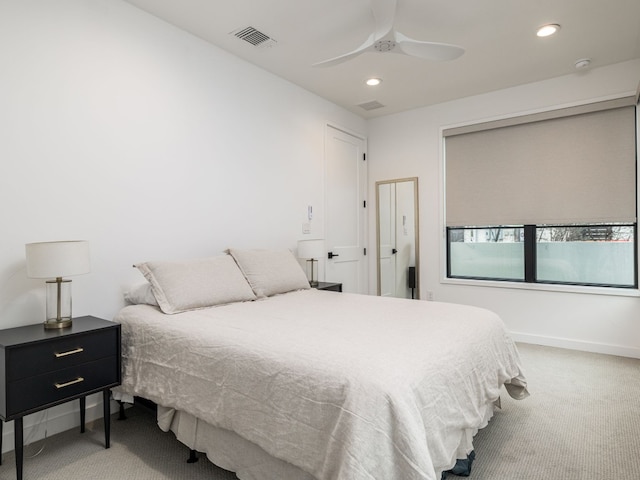 carpeted bedroom with recessed lighting, visible vents, ceiling fan, and baseboards