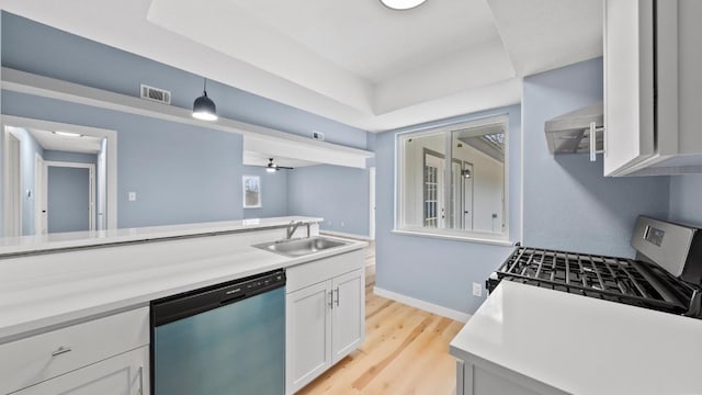 1112 Village Green Dr, Austin, TX 78753 - kitchen with dishwashing machine, a sink, stainless steel gas range, range hood, and light wood-style flooring