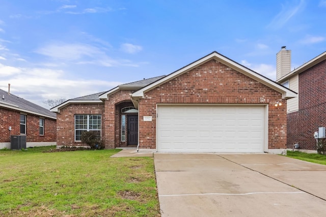 ranch-style home featuring a garage, driveway, brick siding, and a front lawn