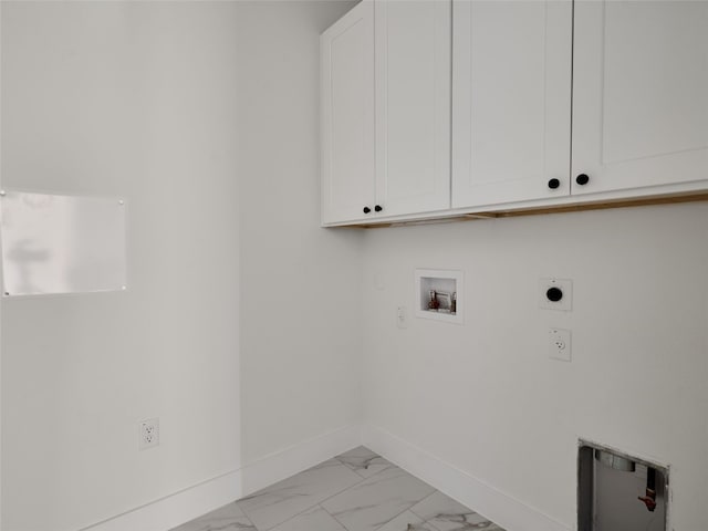 clothes washing area with washer hookup, baseboards, marble finish floor, cabinet space, and electric dryer hookup