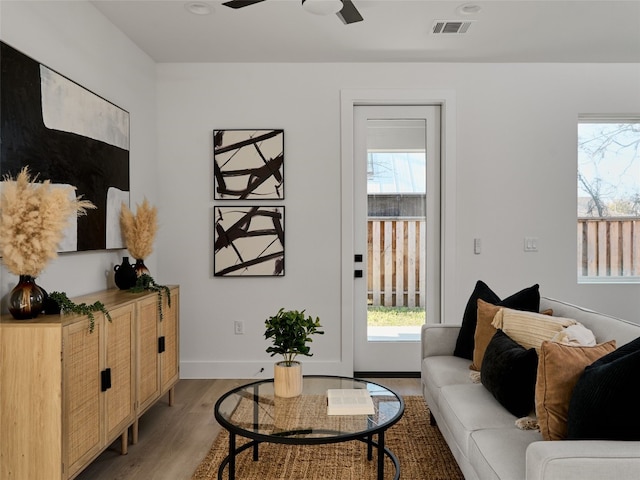 1002 Gullett St Unit 2, Austin, TX 78702 - living area featuring light wood finished floors, plenty of natural light, and a ceiling fan