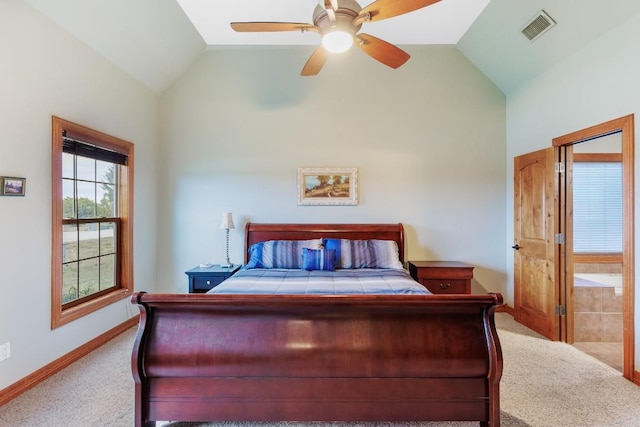 2900 Hi Mesa, Horseshoe Bay, TX 78657 - bedroom featuring carpet floors, visible vents, baseboards, ceiling fan, and vaulted ceiling