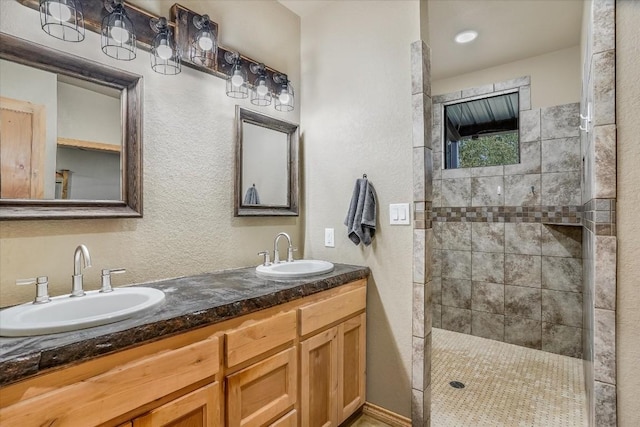 542 Stars And Stripes, Fischer, TX 78623 - bathroom with a tile shower, double vanity, a sink, and a textured wall