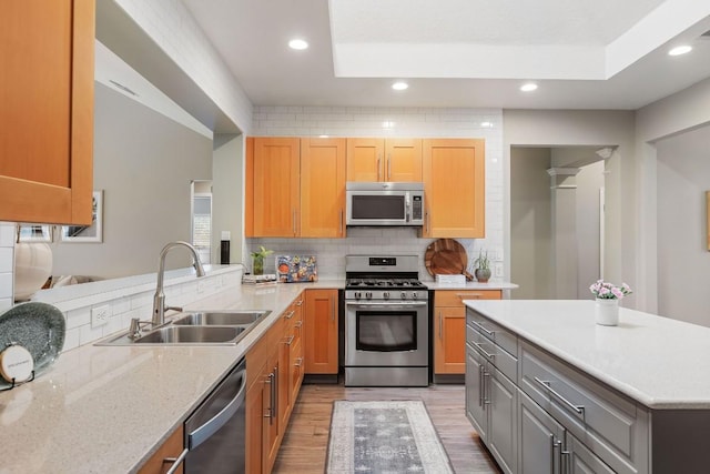 kitchen featuring light stone counters, tasteful backsplash, a raised ceiling, appliances with stainless steel finishes, and a sink