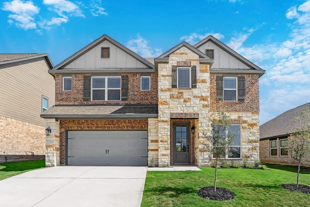 view of front of house with stone siding, board and batten siding, and concrete driveway