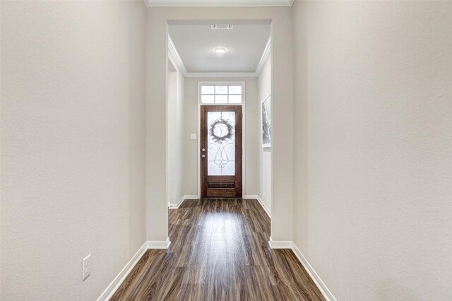 1330 Logan Blvd, Salado, TX 76571 - doorway to outside featuring dark wood-type flooring, crown molding, and baseboards