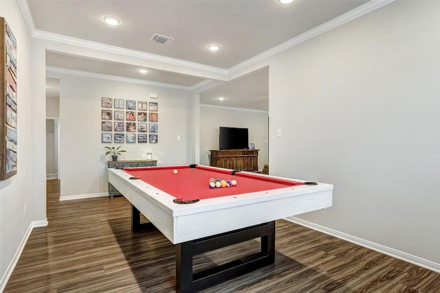 1330 Logan Blvd, Salado, TX 76571 - rec room with baseboards, dark wood-style flooring, recessed lighting, billiards, and ornamental molding
