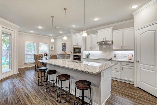 1330 Logan Blvd, Salado, TX 76571 - kitchen featuring dark wood-type flooring, under cabinet range hood, white cabinets, crown molding, and recessed lighting