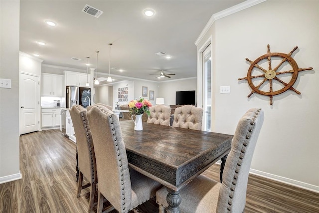 1330 Logan Blvd, Salado, TX 76571 - dining area featuring ornamental molding, wood finished floors, baseboards, a ceiling fan, and recessed lighting