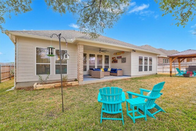 1330 Logan Blvd, Salado, TX 76571 - rear view of house featuring an outdoor hangout area, a gazebo, a ceiling fan, and a patio