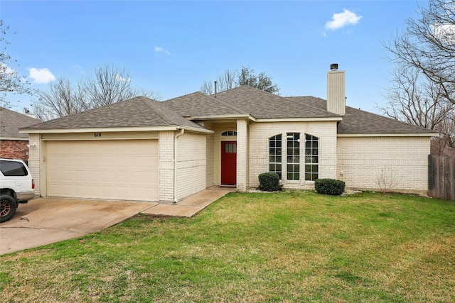 ranch-style house featuring brick siding, a chimney, an attached garage, driveway, and a front lawn