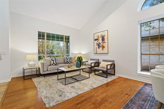 living room with baseboards, high vaulted ceiling, and wood finished floors