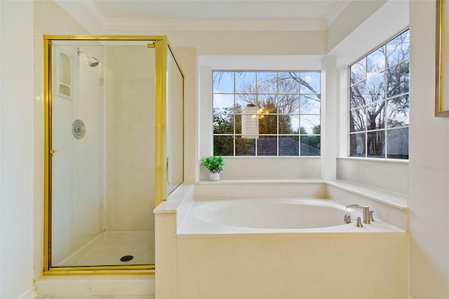 full bathroom with a shower stall, a garden tub, and crown molding