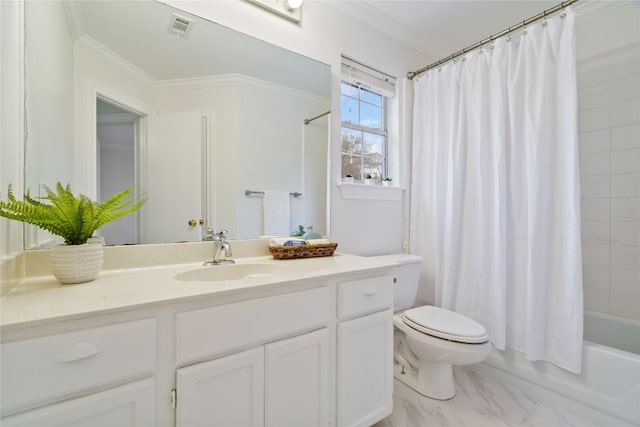 full bath with shower / tub combo, visible vents, toilet, crown molding, and vanity