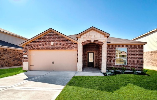 view of front of property with an attached garage, brick siding, stone siding, driveway, and roof with shingles