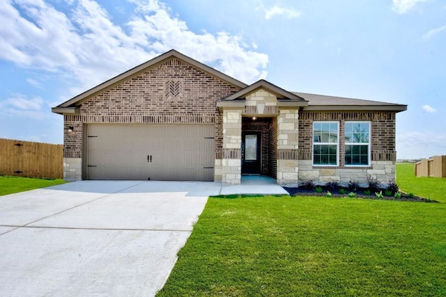 view of front of home featuring stone siding, brick siding, fence, and an attached garage