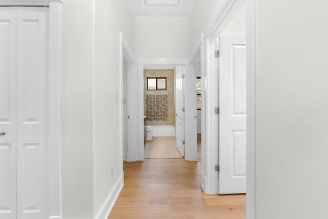 hall with crown molding and light wood finished floors