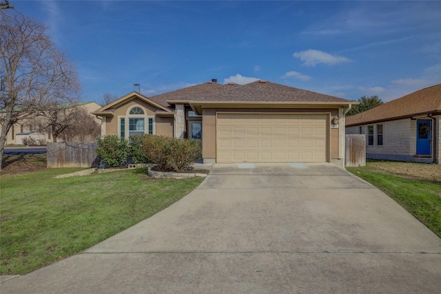 single story home featuring a garage, fence, concrete driveway, stucco siding, and a front lawn