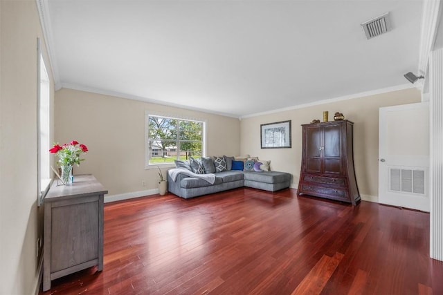 4608 Arapahoe Trl, Austin, TX 78745 - living room with dark wood-style floors and ornamental molding