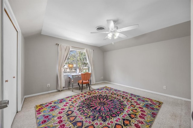 4608 Arapahoe Trl, Austin, TX 78745 - living area with carpet flooring, vaulted ceiling, and a ceiling fan
