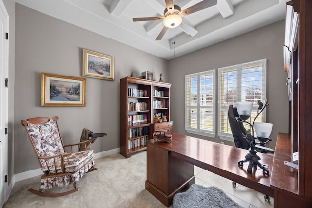 home office with a ceiling fan, baseboards, and light tile patterned floors