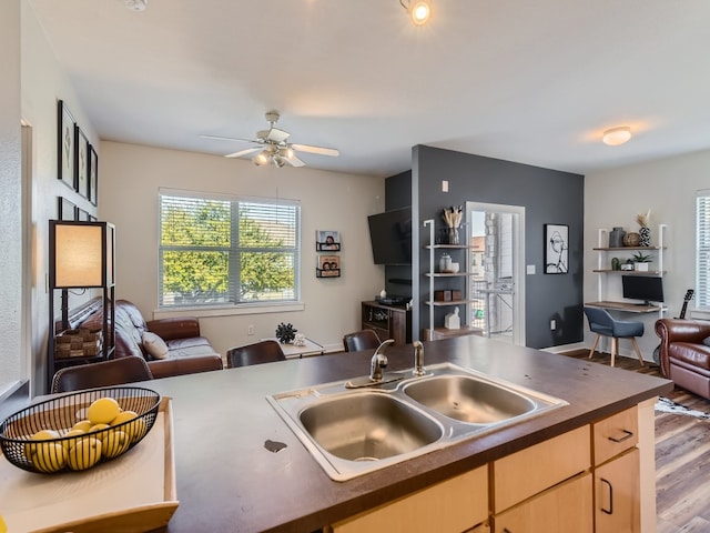 1201 Grove Blvd Unit 2803, Austin, TX 78741 - kitchen featuring open floor plan, a sink, light brown cabinets, ceiling fan, and wood finished floors