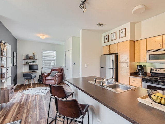 1201 Grove Blvd Unit 2803, Austin, TX 78741 - kitchen featuring appliances with stainless steel finishes, light brown cabinetry, a sink, dark countertops, and open floor plan