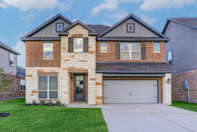 view of front of home featuring driveway, a garage, stone siding, board and batten siding, and a front yard