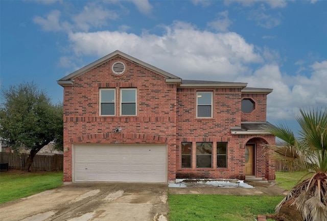 traditional home featuring central AC unit, a garage, brick siding, fence, and concrete driveway