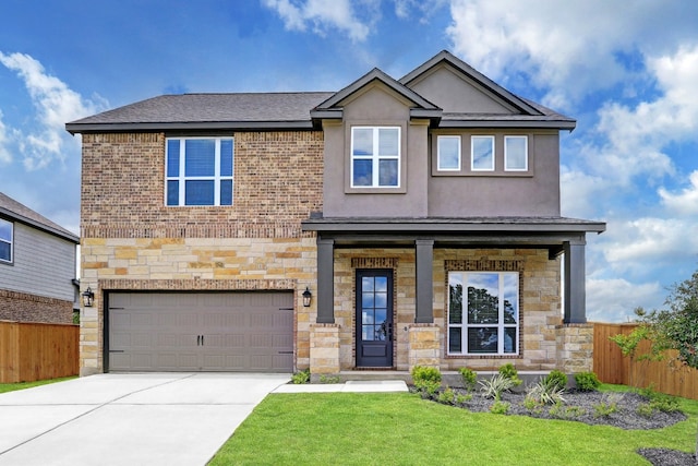 view of front of home featuring a garage, stone siding, fence, and concrete driveway