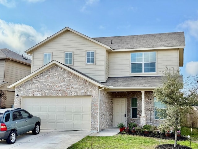 view of front of property with a garage, concrete driveway, brick siding, and a shingled roof