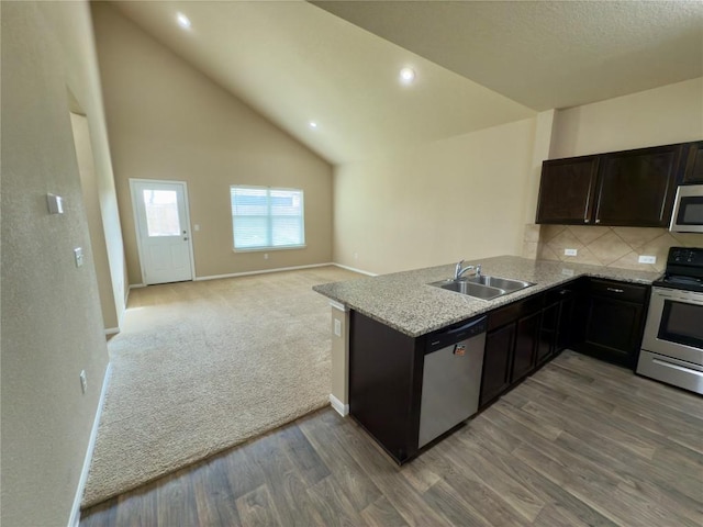 kitchen with light stone counters, stainless steel appliances, a peninsula, a sink, and open floor plan