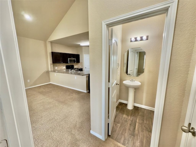 interior space featuring backsplash, vaulted ceiling, a sink, wood finished floors, and baseboards