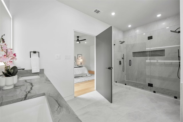 full bath with a stall shower, visible vents, ensuite bath, marble finish floor, and recessed lighting