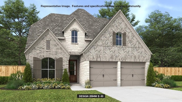 french country inspired facade with concrete driveway, brick siding, stone siding, and fence