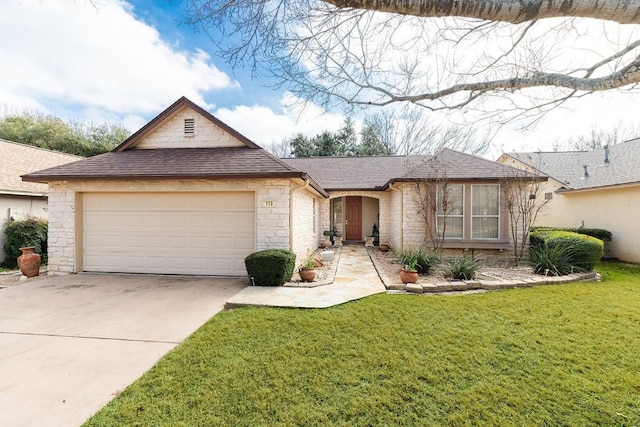 ranch-style house featuring a garage, driveway, a front lawn, and a shingled roof