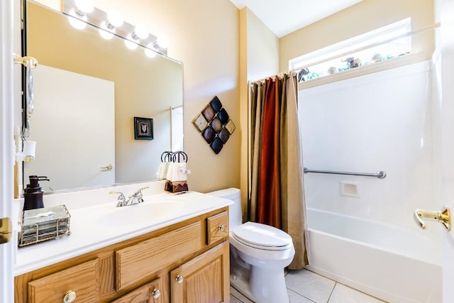 bathroom with shower / tub combo, tile patterned flooring, vanity, and toilet