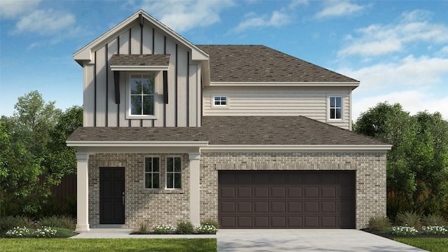 view of front of home featuring board and batten siding, brick siding, driveway, and a shingled roof